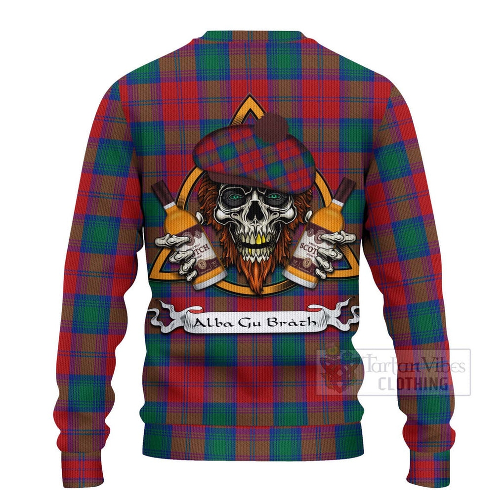 Tartan Vibes Clothing Auchinleck (Affleck) Tartan Knitted Sweater with Family Crest and Bearded Skull Holding Bottles of Whiskey