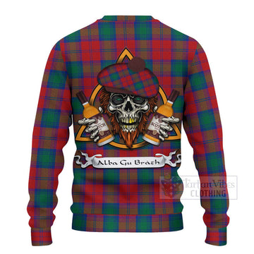 Tartan Vibes Clothing Auchinleck (Affleck) Tartan Knitted Sweater with Family Crest and Bearded Skull Holding Bottles of Whiskey