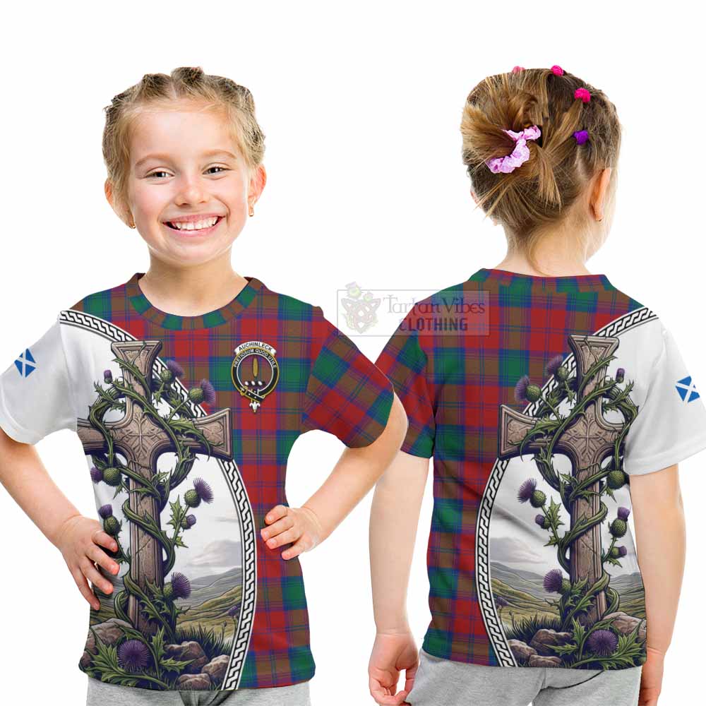 Tartan Vibes Clothing Auchinleck (Affleck) Tartan Kid T-Shirt with Family Crest and St. Andrew's Cross Accented by Thistle Vines