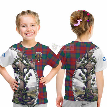 Tartan Vibes Clothing Auchinleck (Affleck) Tartan Kid T-Shirt with Family Crest and St. Andrew's Cross Accented by Thistle Vines