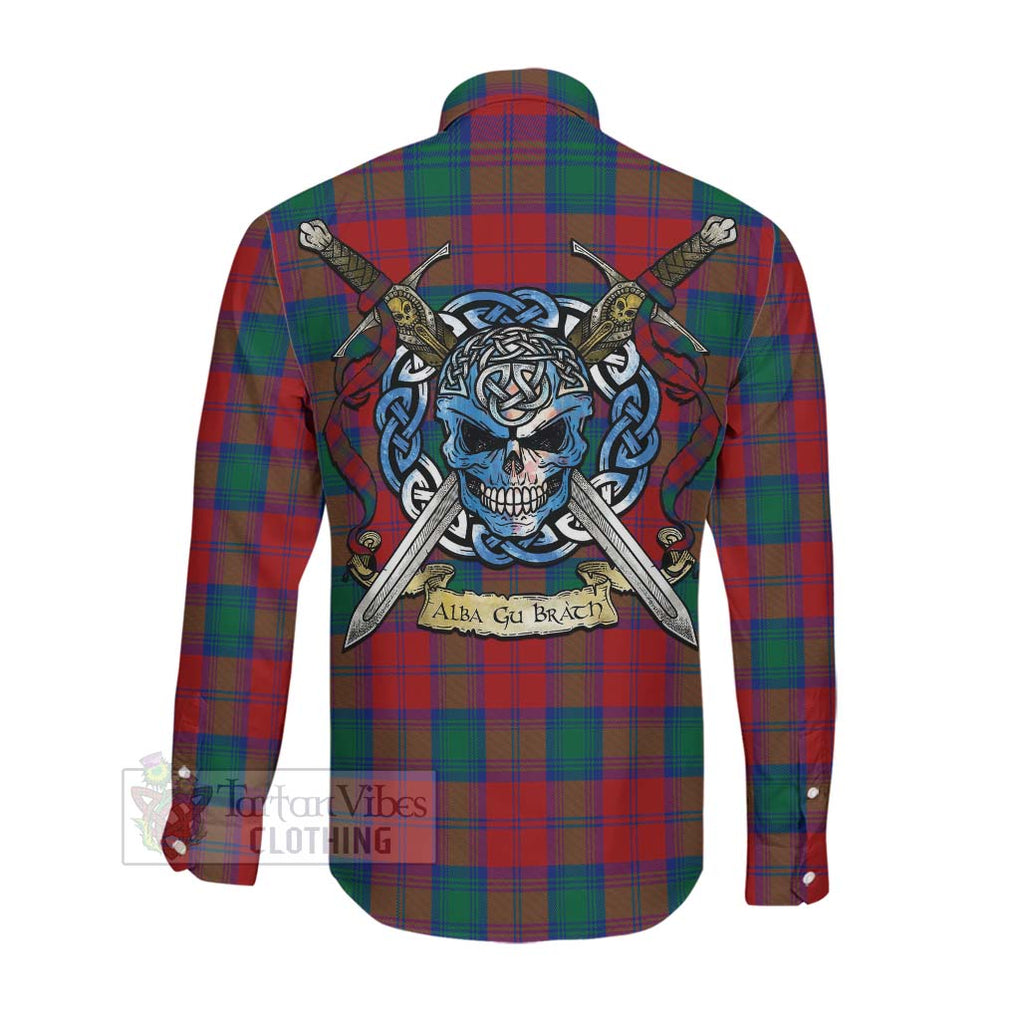 Auchinleck (Affleck) Tartan Long Sleeve Button Shirt with Family Crest Celtic Skull Style Men's Shirt - Tartan Vibes Clothing