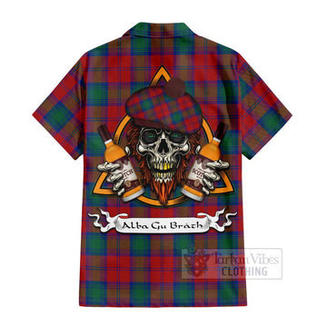 Auchinleck (Affleck) Tartan Hawaiian Shirt with Family Crest and Bearded Skull Holding Bottles of Whiskey - Tartan Vibes Clothing