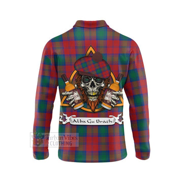 Auchinleck (Affleck) Tartan Long Sleeve Polo Shirt with Family Crest and Bearded Skull Holding Bottles of Whiskey - Tartan Vibes Clothing