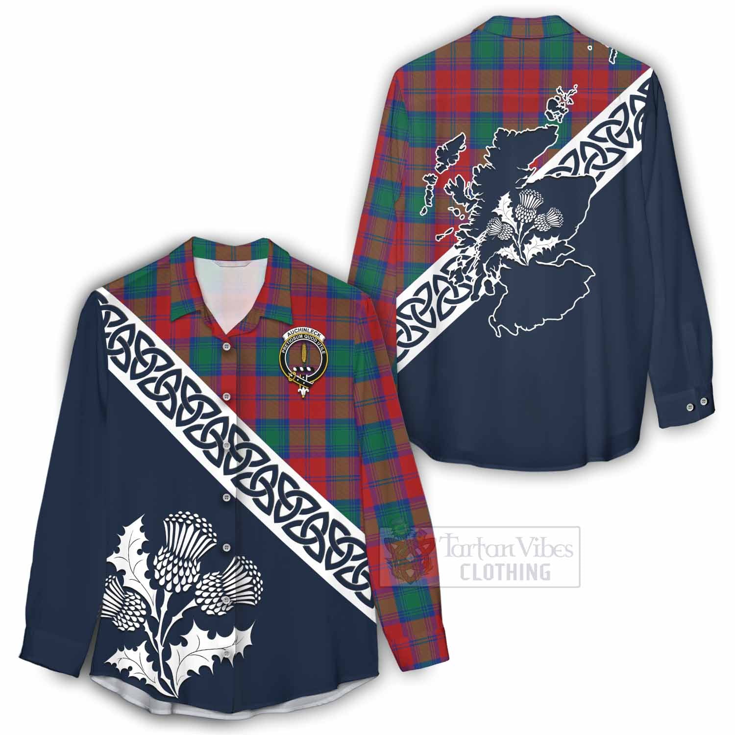 Auchinleck (Affleck) Tartan Women's Casual Shirt Featuring Thistle and Scotland Map - Tartan Vibes Clothing