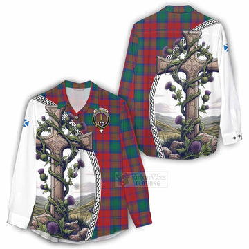 Tartan Vibes Clothing Auchinleck (Affleck) Tartan Women's Casual Shirt with Family Crest and St. Andrew's Cross Accented by Thistle Vines