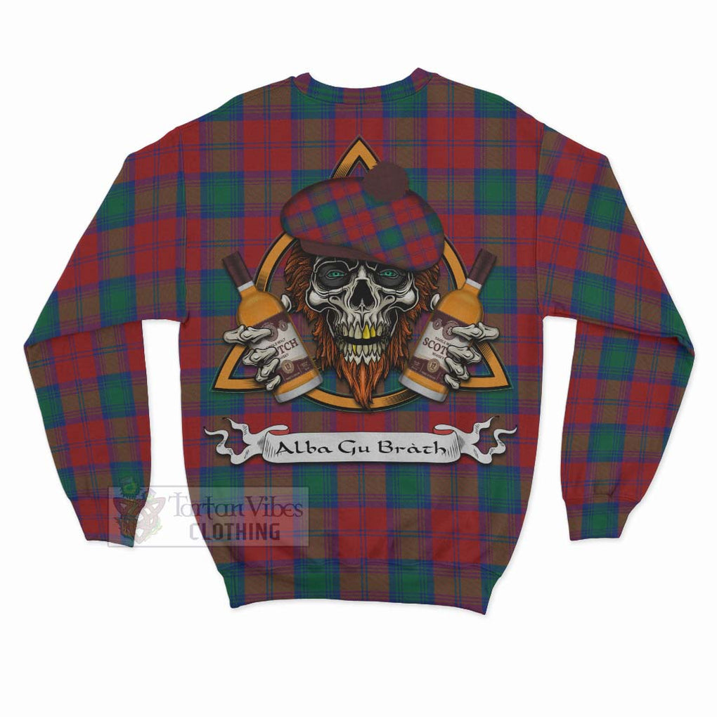 Tartan Vibes Clothing Auchinleck (Affleck) Tartan Sweatshirt with Family Crest and Bearded Skull Holding Bottles of Whiskey