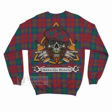Tartan Vibes Clothing Auchinleck (Affleck) Tartan Sweatshirt with Family Crest and Bearded Skull Holding Bottles of Whiskey