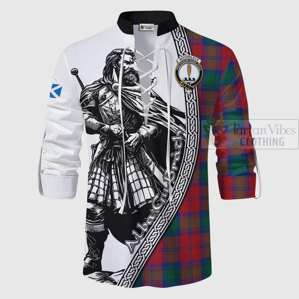 Auchinleck (Affleck) Tartan Clan Crest Ghillie Kilt Shirt with Highlander Warrior Celtic Style - Tartan Vibes Clothing