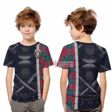 Auchinleck (Affleck) Tartan Kid T-Shirt with Family Crest Cross Sword Thistle Celtic Vibes - Tartan Vibes Clothing