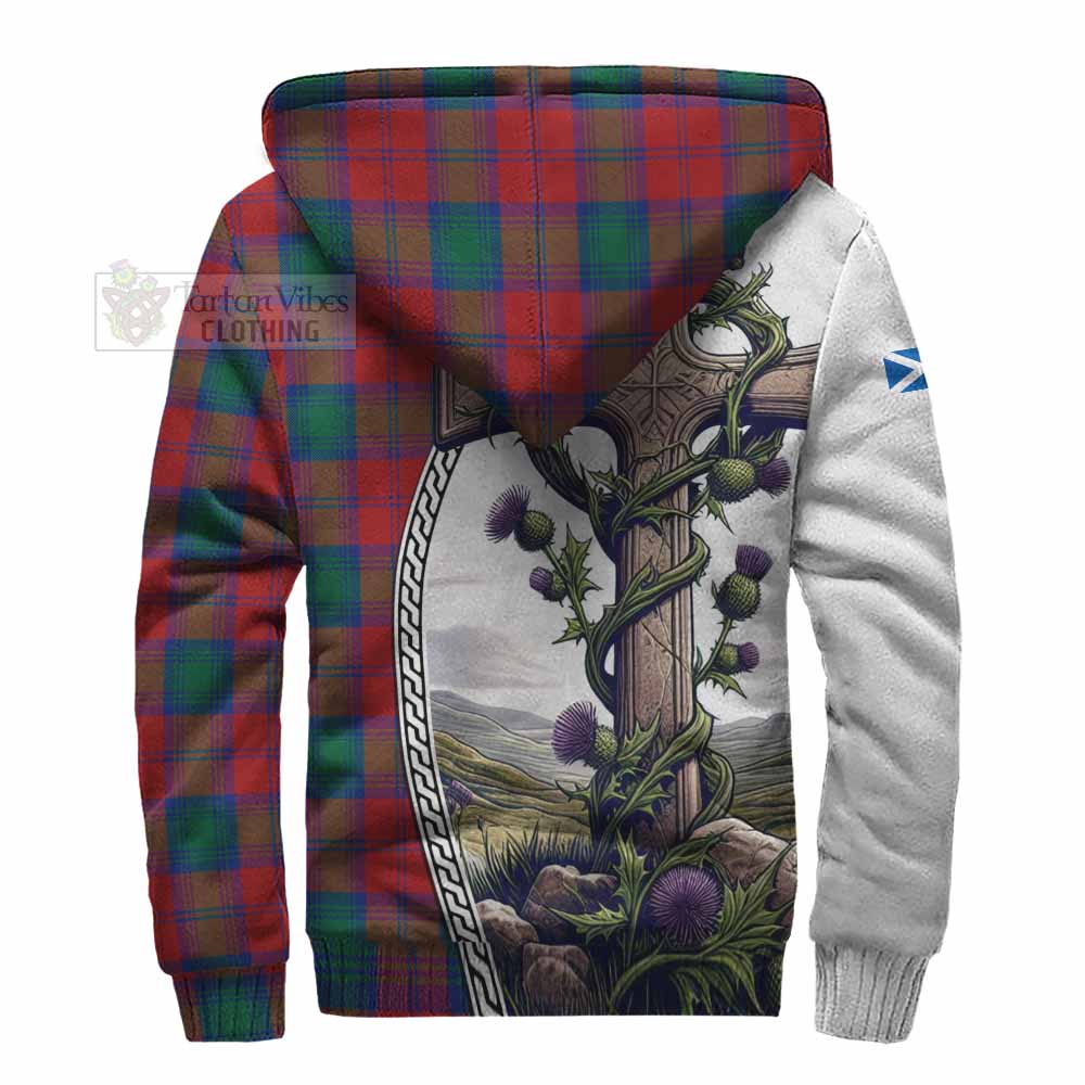 Tartan Vibes Clothing Auchinleck (Affleck) Tartan Sherpa Hoodie with Family Crest and St. Andrew's Cross Accented by Thistle Vines