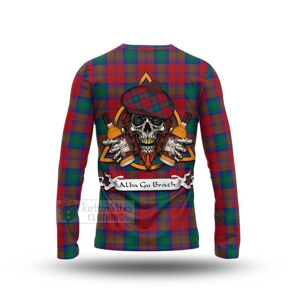 Tartan Vibes Clothing Auchinleck (Affleck) Tartan Long Sleeve T-Shirt with Family Crest and Bearded Skull Holding Bottles of Whiskey