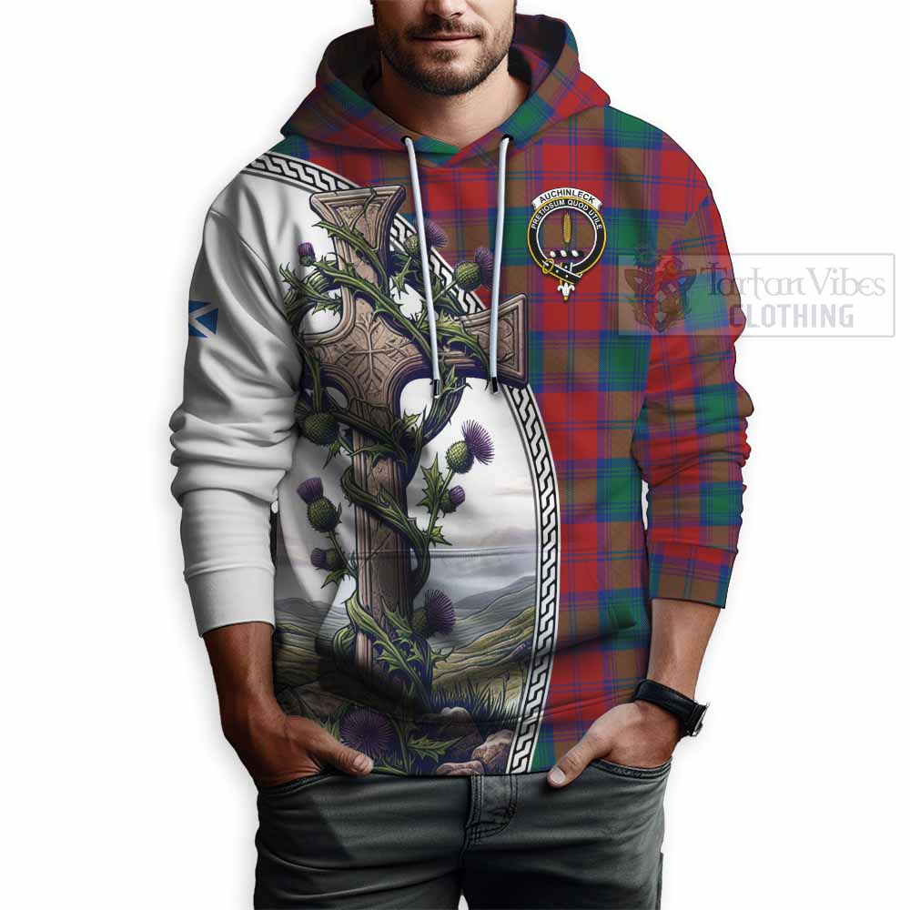 Tartan Vibes Clothing Auchinleck (Affleck) Tartan Hoodie with Family Crest and St. Andrew's Cross Accented by Thistle Vines