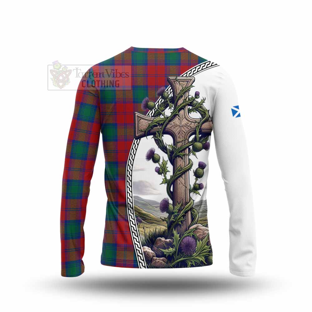 Tartan Vibes Clothing Auchinleck (Affleck) Tartan Long Sleeve T-Shirt with Family Crest and St. Andrew's Cross Accented by Thistle Vines