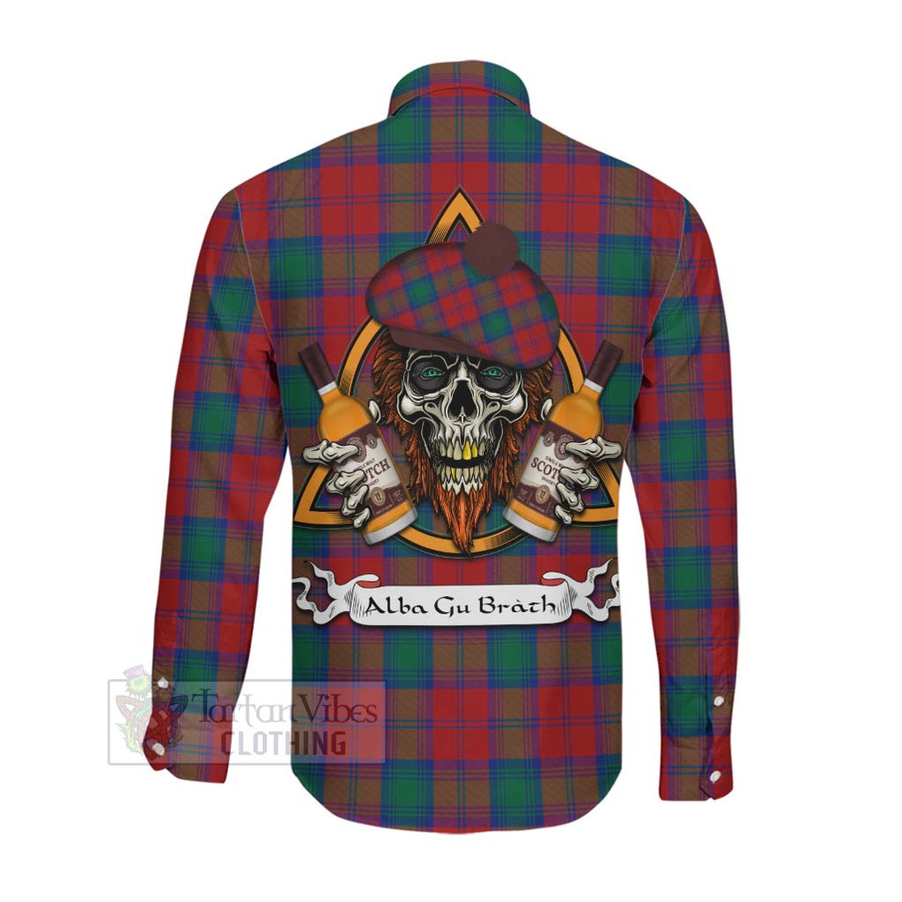 Tartan Vibes Clothing Auchinleck (Affleck) Tartan Long Sleeve Button Shirt with Family Crest and Bearded Skull Holding Bottles of Whiskey