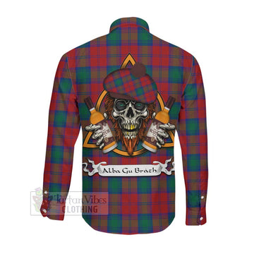 Tartan Vibes Clothing Auchinleck (Affleck) Tartan Long Sleeve Button Shirt with Family Crest and Bearded Skull Holding Bottles of Whiskey