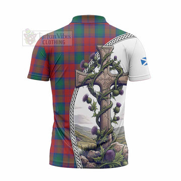 Tartan Vibes Clothing Auchinleck (Affleck) Tartan Zipper Polo Shirt with Family Crest and St. Andrew's Cross Accented by Thistle Vines