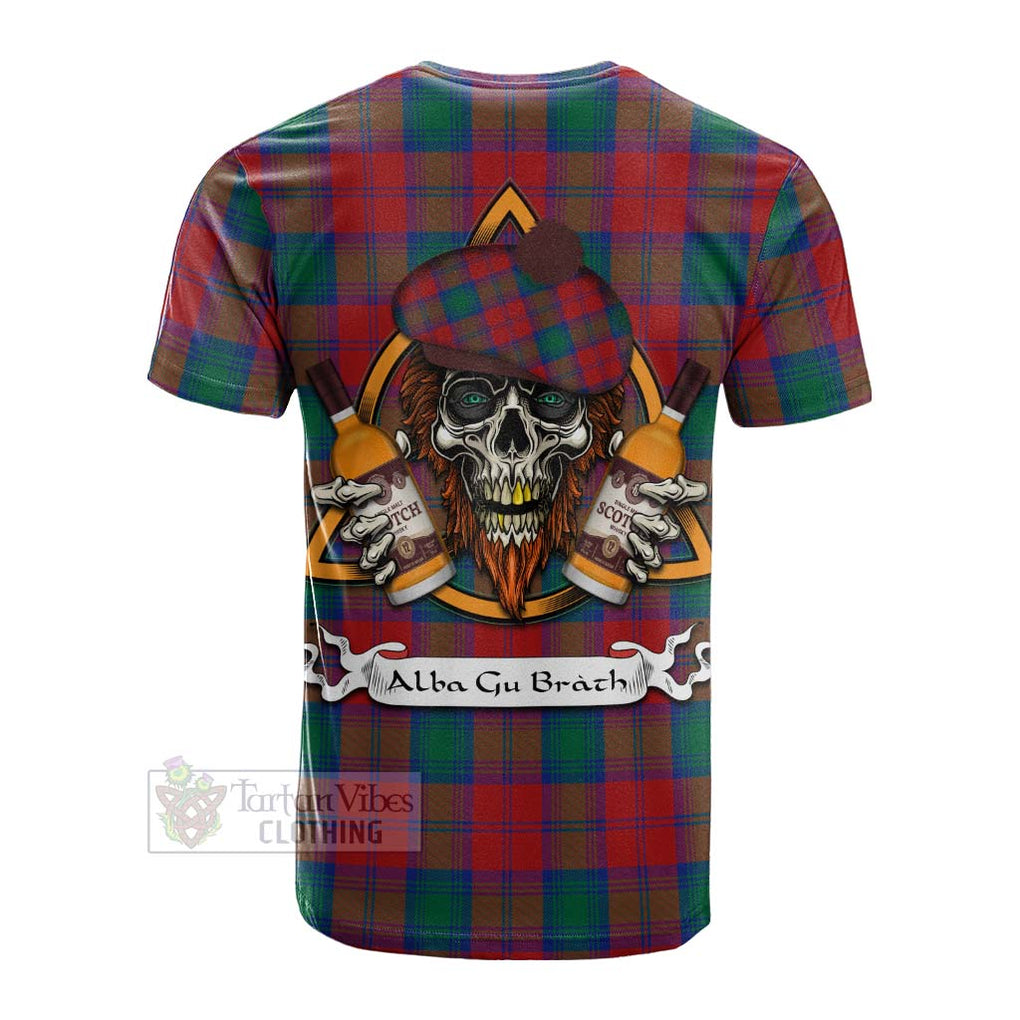 Tartan Vibes Clothing Auchinleck (Affleck) Tartan Cotton T-shirt with Family Crest and Bearded Skull Holding Bottles of Whiskey