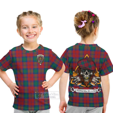 Tartan Vibes Clothing Auchinleck (Affleck) Tartan Kid T-Shirt with Family Crest and Bearded Skull Holding Bottles of Whiskey