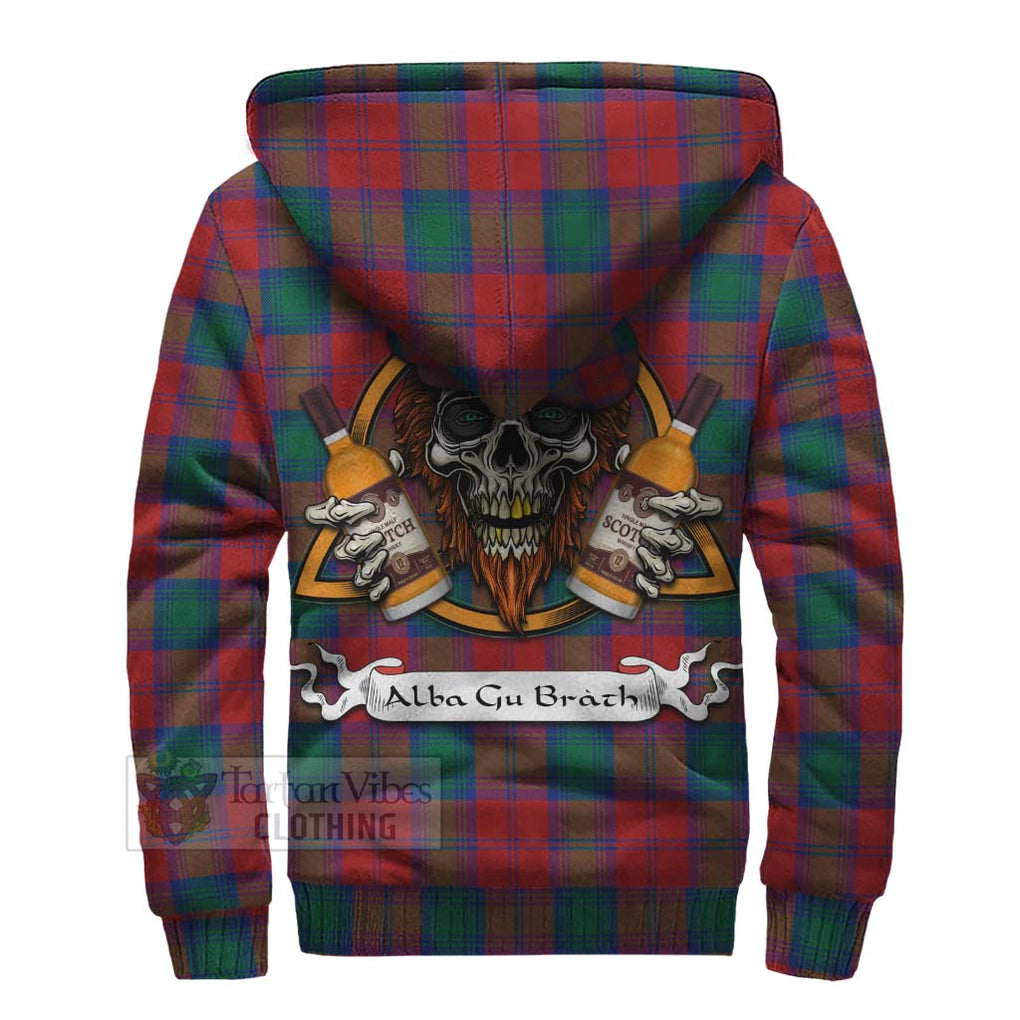 Tartan Vibes Clothing Auchinleck (Affleck) Tartan Sherpa Hoodie with Family Crest and Bearded Skull Holding Bottles of Whiskey