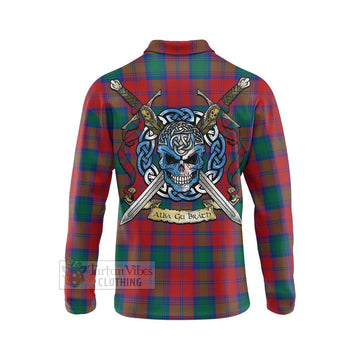 Auchinleck (Affleck) Tartan Long Sleeve Polo Shirt with Family Crest Celtic Skull Style - Tartan Vibes Clothing
