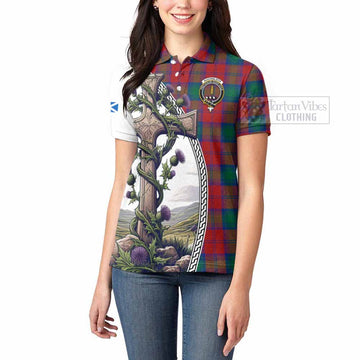 Tartan Vibes Clothing Auchinleck (Affleck) Tartan Women's Polo Shirt with Family Crest and St. Andrew's Cross Accented by Thistle Vines