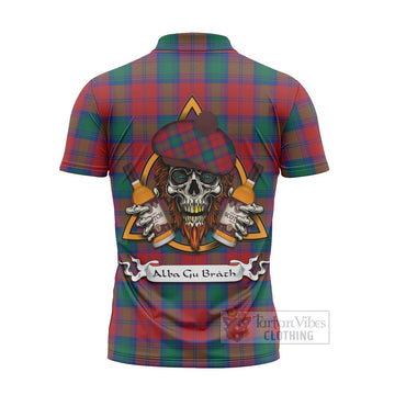 Auchinleck (Affleck) Tartan Zipper Polo Shirt with Family Crest and Bearded Skull Holding Bottles of Whiskey - Tartan Vibes Clothing