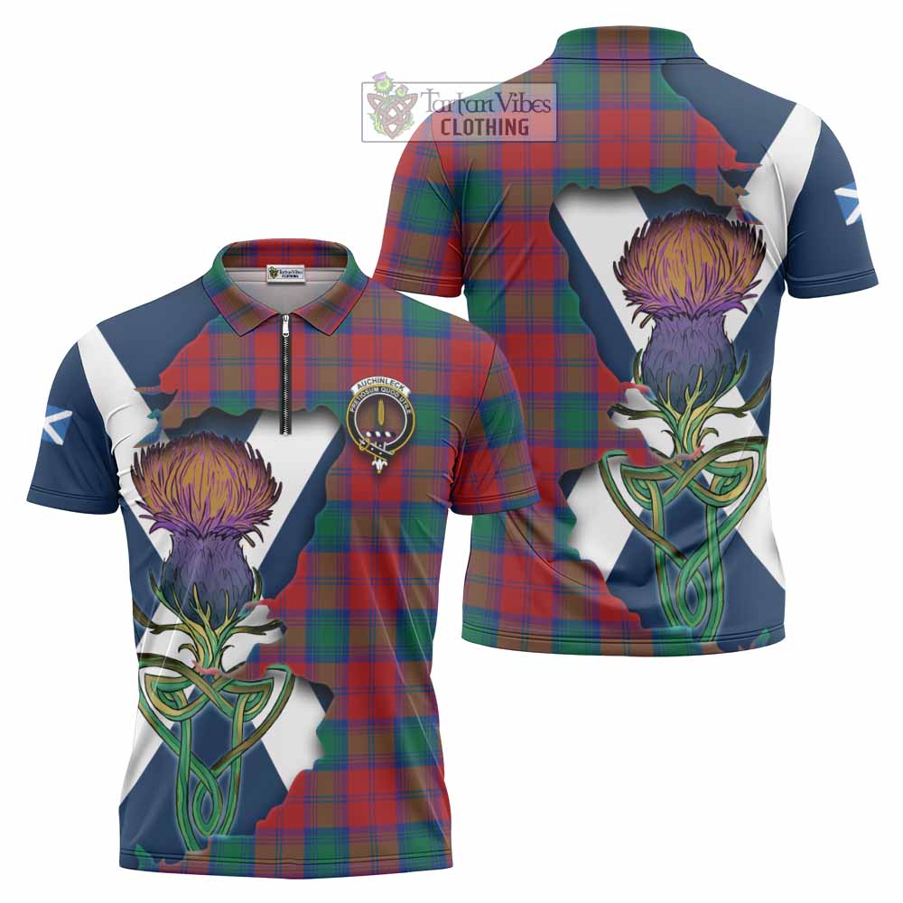 Tartan Vibes Clothing Auchinleck (Affleck) Tartan Family Crest Zipper Polo Shirt Scottish Thistle Celtic Inspired