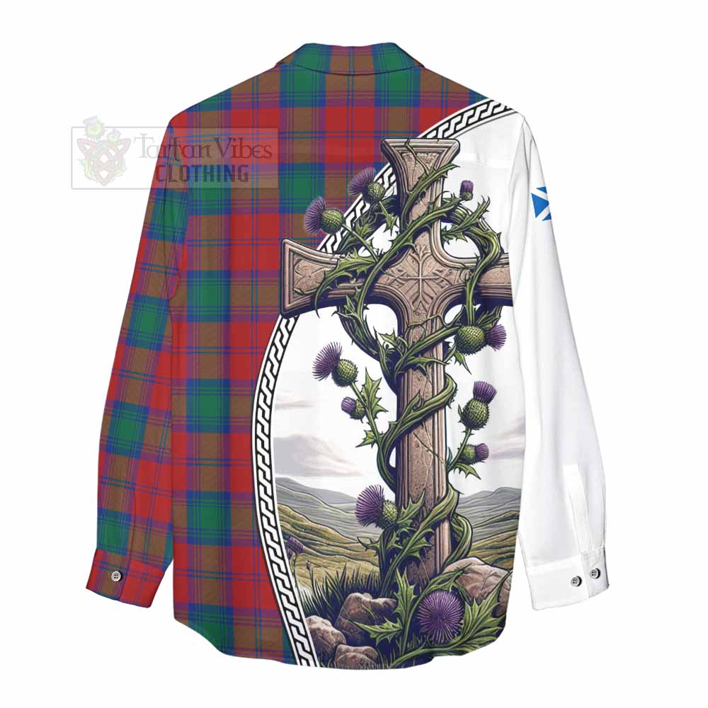 Tartan Vibes Clothing Auchinleck (Affleck) Tartan Women's Casual Shirt with Family Crest and St. Andrew's Cross Accented by Thistle Vines