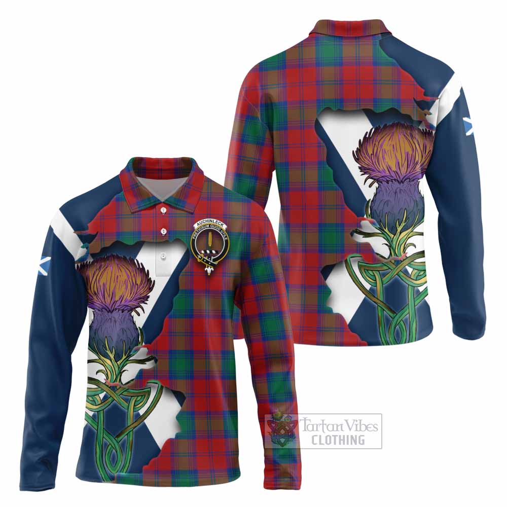 Tartan Vibes Clothing Auchinleck (Affleck) Tartan Family Crest Long Sleeve Polo Shirt Scottish Thistle Celtic Inspired
