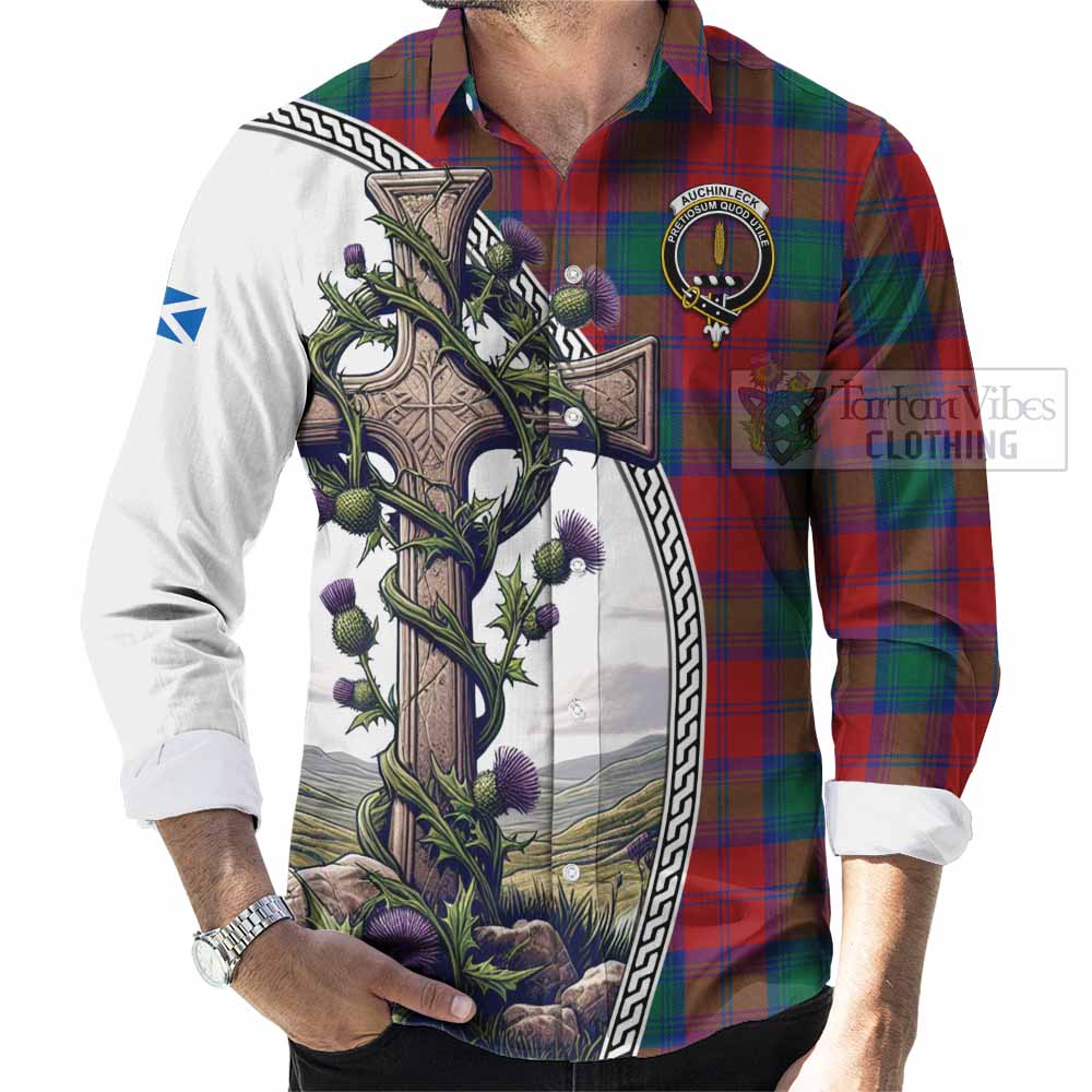 Tartan Vibes Clothing Auchinleck (Affleck) Tartan Long Sleeve Button Shirt with Family Crest and St. Andrew's Cross Accented by Thistle Vines