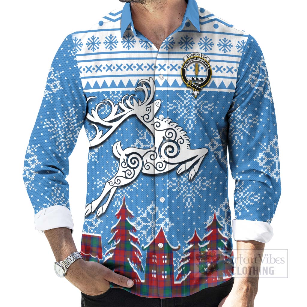 Tartan Vibes Clothing Auchinleck (Affleck) Clan Christmas Long Sleeve Button Shirt Celtic Reindeer Style