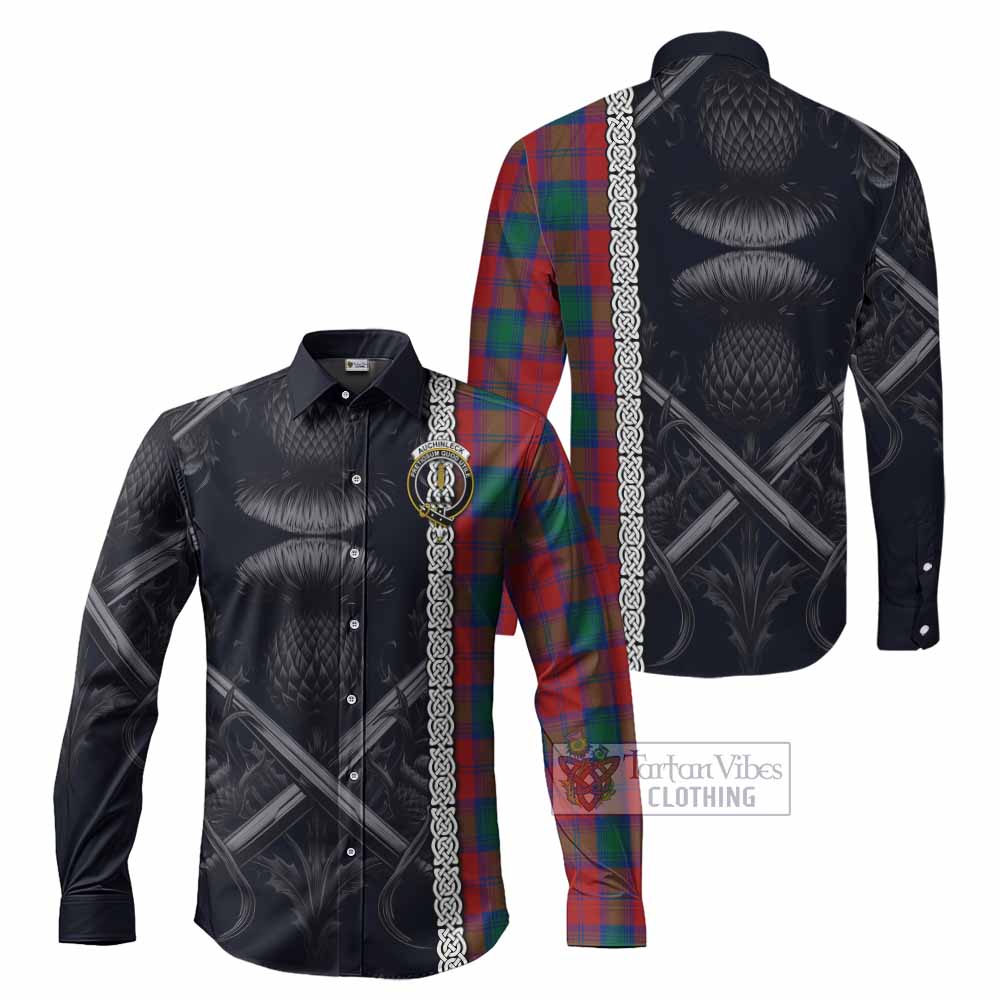 Tartan Vibes Clothing Auchinleck (Affleck) Tartan Long Sleeve Button Shirt with Family Crest Cross Sword Thistle Celtic Vibes