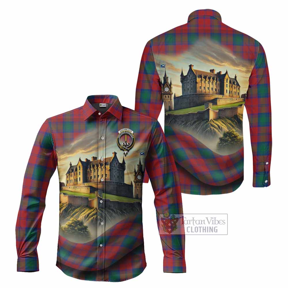 Tartan Vibes Clothing Auchinleck (Affleck) Tartan Family Crest Long Sleeve Button Shirt with Scottish Ancient Castle Style