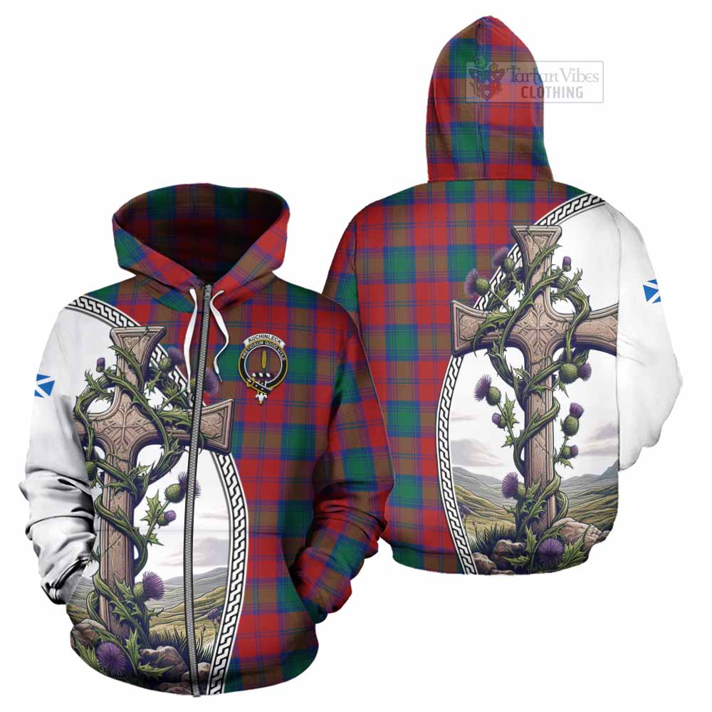 Tartan Vibes Clothing Auchinleck (Affleck) Tartan Hoodie with Family Crest and St. Andrew's Cross Accented by Thistle Vines