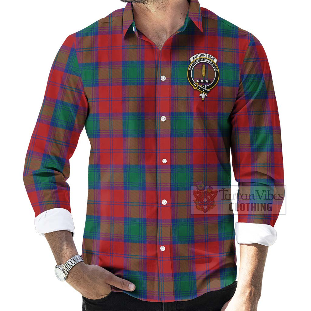 Tartan Vibes Clothing Auchinleck (Affleck) Tartan Long Sleeve Button Shirt with Family Crest and Bearded Skull Holding Bottles of Whiskey