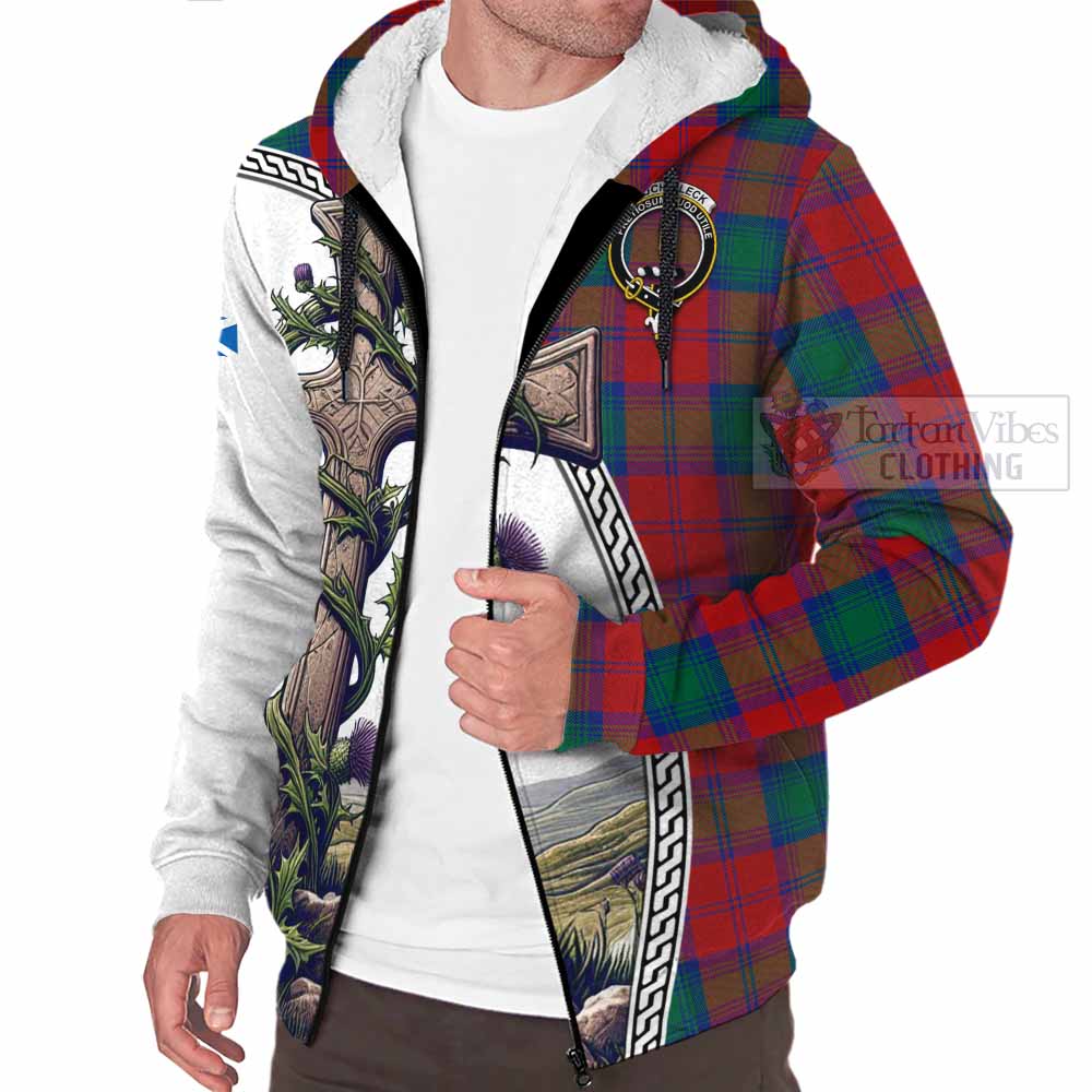 Tartan Vibes Clothing Auchinleck (Affleck) Tartan Sherpa Hoodie with Family Crest and St. Andrew's Cross Accented by Thistle Vines