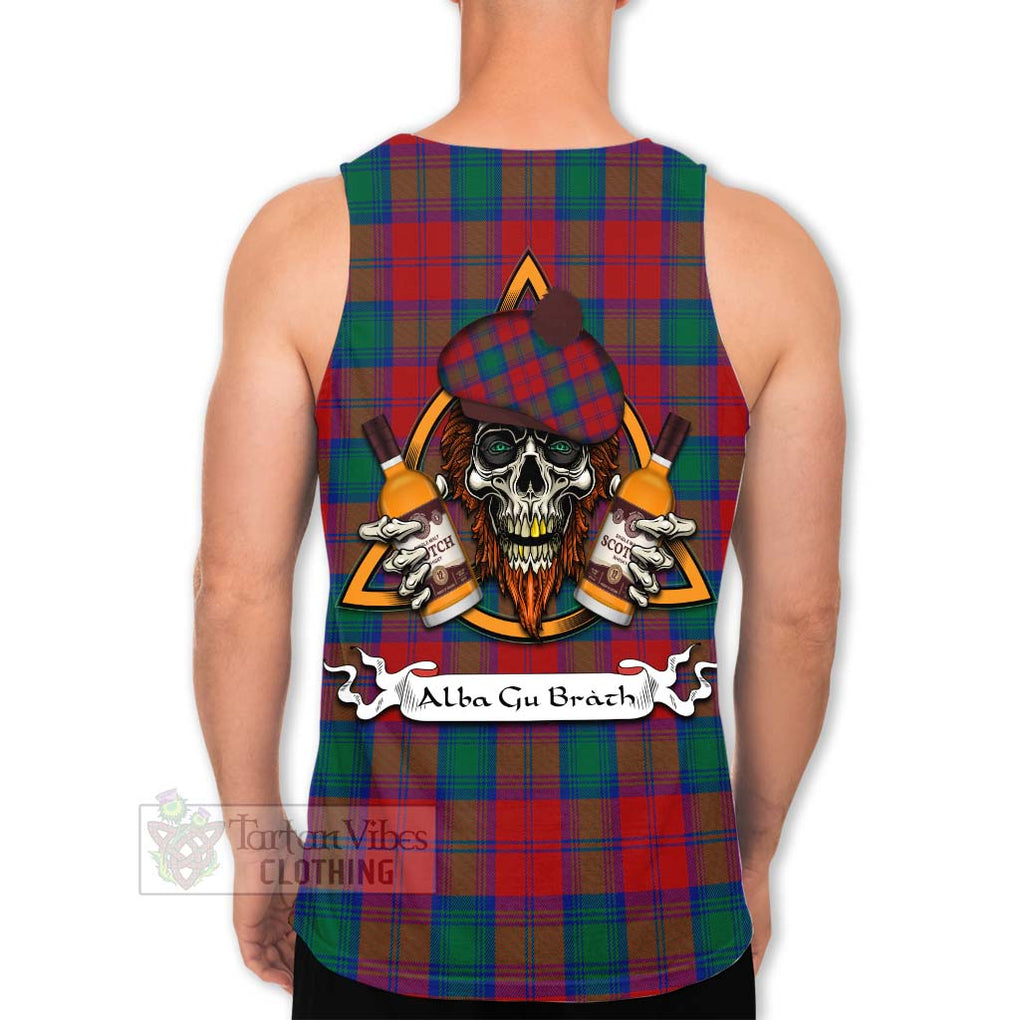 Tartan Vibes Clothing Auchinleck (Affleck) Tartan Men's Tank Top with Family Crest and Bearded Skull Holding Bottles of Whiskey