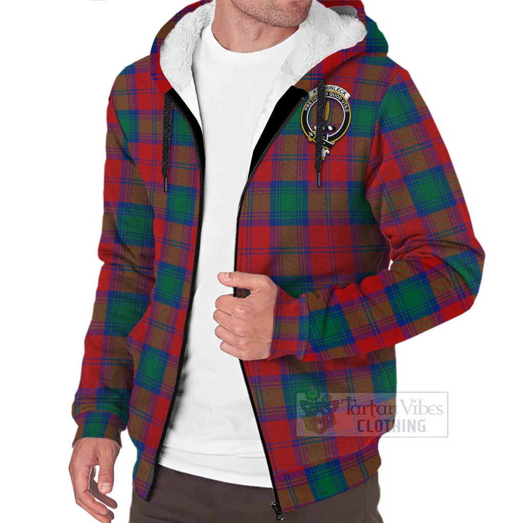 Tartan Vibes Clothing Auchinleck (Affleck) Tartan Sherpa Hoodie with Family Crest and Bearded Skull Holding Bottles of Whiskey