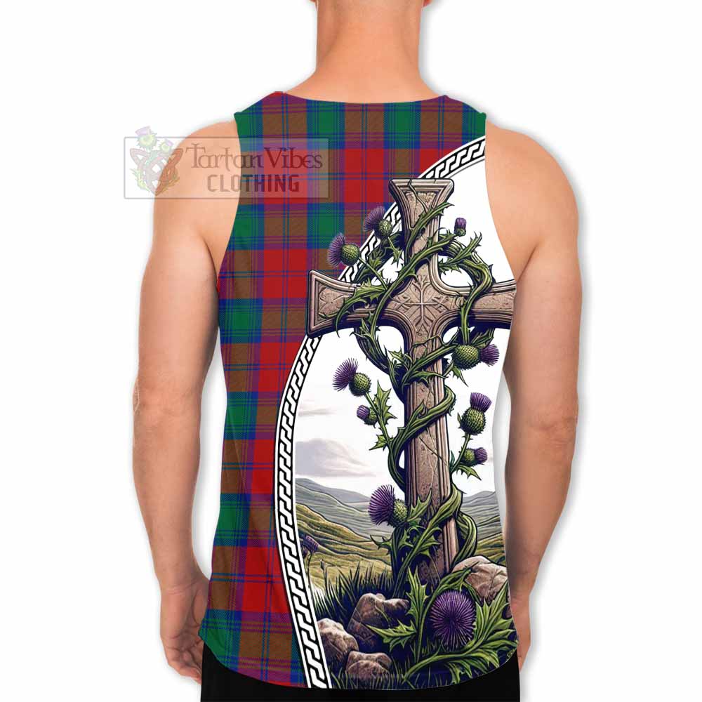 Tartan Vibes Clothing Auchinleck (Affleck) Tartan Men's Tank Top with Family Crest and St. Andrew's Cross Accented by Thistle Vines