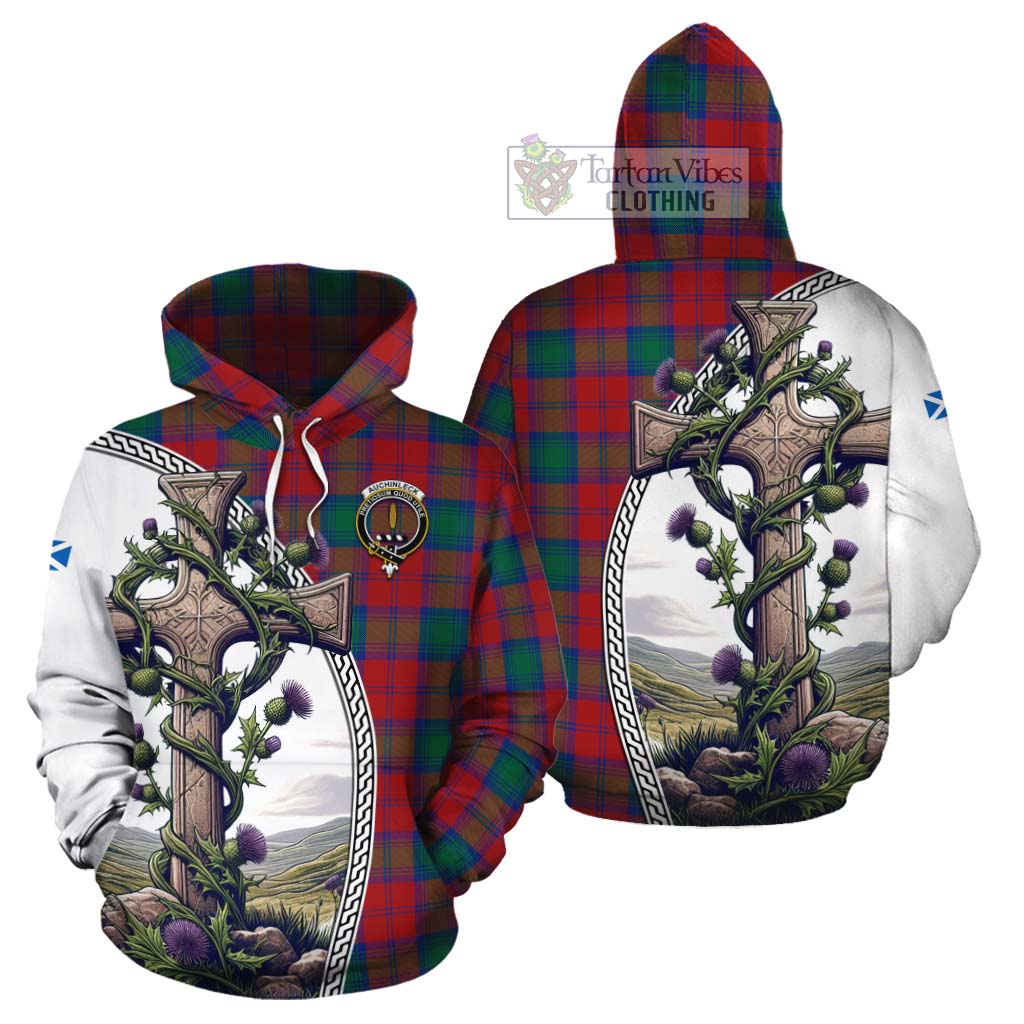 Tartan Vibes Clothing Auchinleck (Affleck) Tartan Cotton Hoodie with Family Crest and St. Andrew's Cross Accented by Thistle Vines