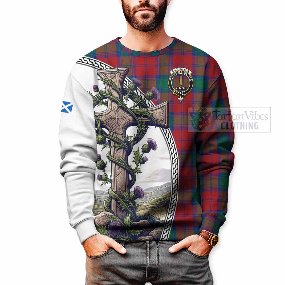 Tartan Vibes Clothing Auchinleck (Affleck) Tartan Sweatshirt with Family Crest and St. Andrew's Cross Accented by Thistle Vines