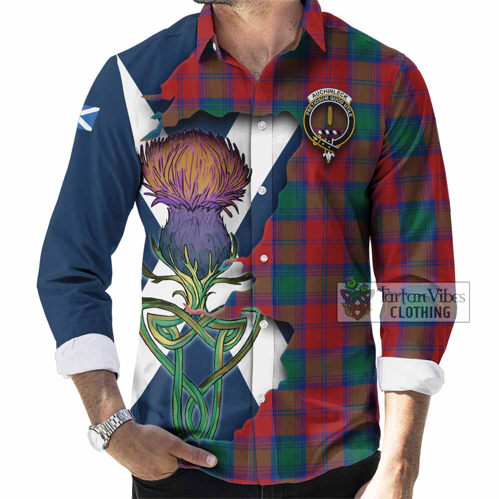 Tartan Vibes Clothing Auchinleck (Affleck) Tartan Family Crest Long Sleeve Button Shirt Scottish Thistle Celtic Inspired