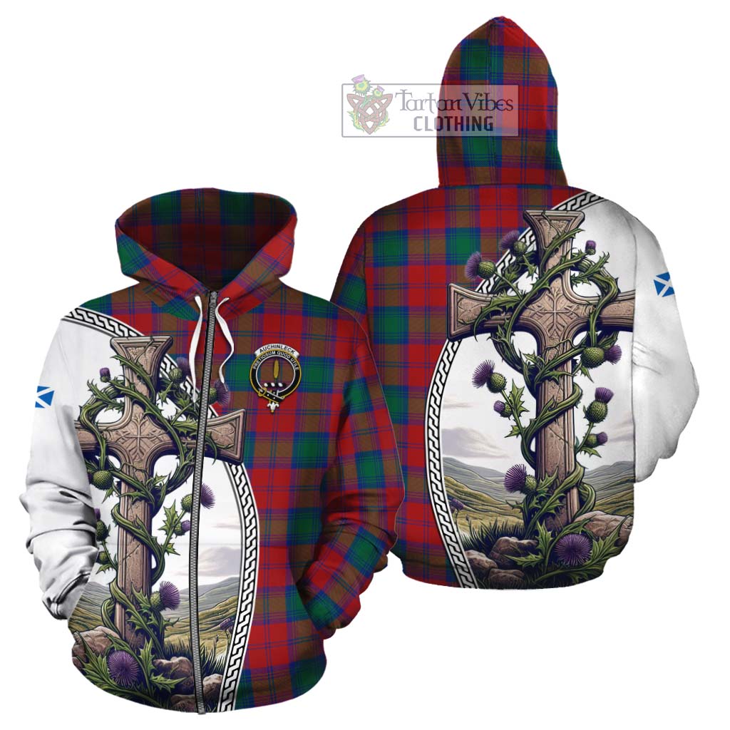 Tartan Vibes Clothing Auchinleck (Affleck) Tartan Cotton Hoodie with Family Crest and St. Andrew's Cross Accented by Thistle Vines