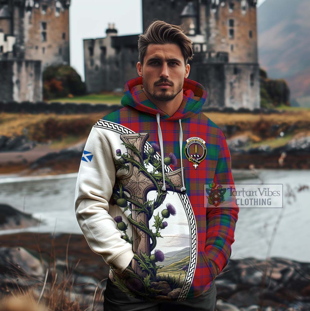 Tartan Vibes Clothing Auchinleck (Affleck) Tartan Cotton Hoodie with Family Crest and St. Andrew's Cross Accented by Thistle Vines
