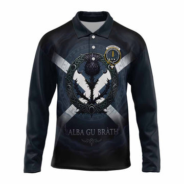 Auchinleck (Affleck) Clan Crest Long Sleeve Polo Shirt with Celtic Knot Thistle and Saltire