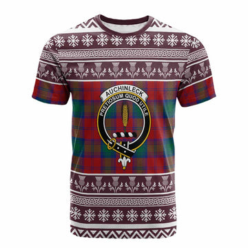 Auchinleck (Affleck) Clan Tartan Christmas Cotton T-shirt with Family Crest