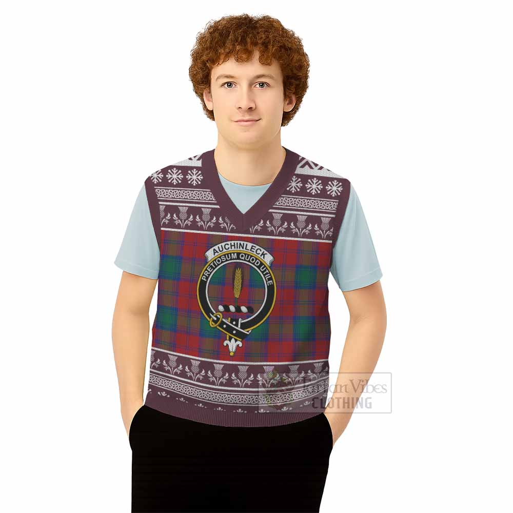 Auchinleck (Affleck) Clan Tartan Christmas Knitted V-Neck Vest with Family Crest - Tartan Vibes Clothing