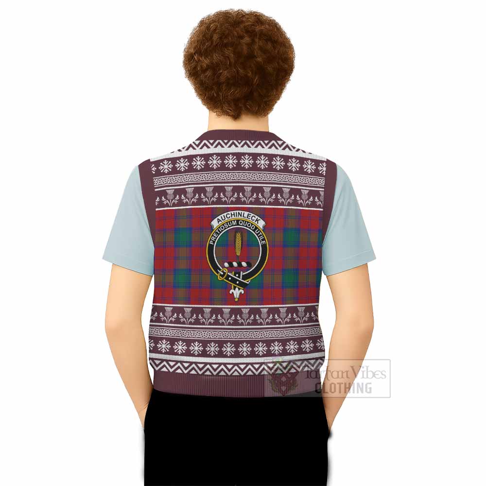 Auchinleck (Affleck) Clan Tartan Christmas Knitted V-Neck Vest with Family Crest - Tartan Vibes Clothing