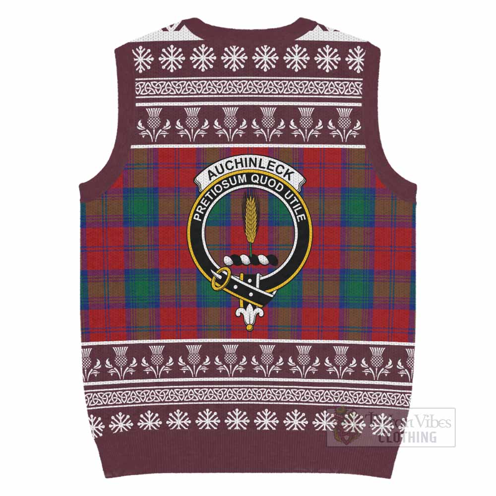 Auchinleck (Affleck) Clan Tartan Christmas Knitted V-Neck Vest with Family Crest - Tartan Vibes Clothing