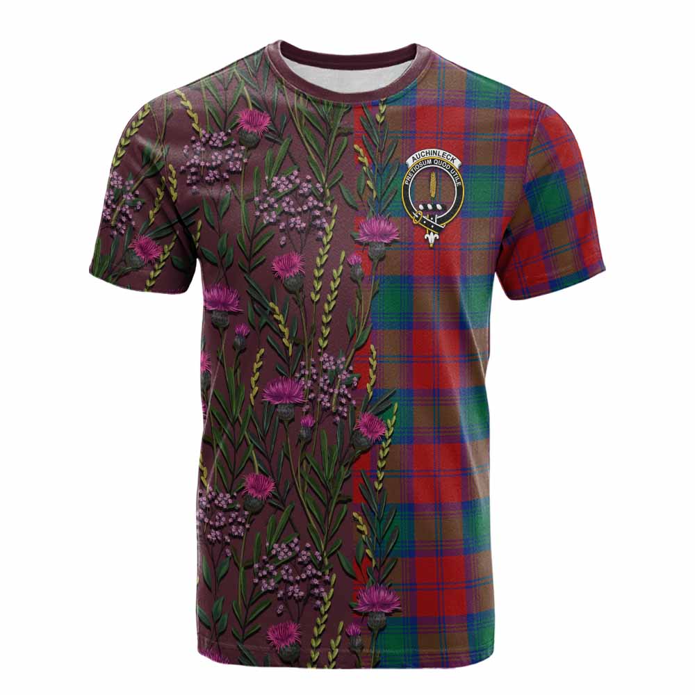Auchinleck (Affleck) Family Crest Tartan Cotton T-shirt Scottish Thistle Flower Pattern Half Style - Tartan Vibes Clothing